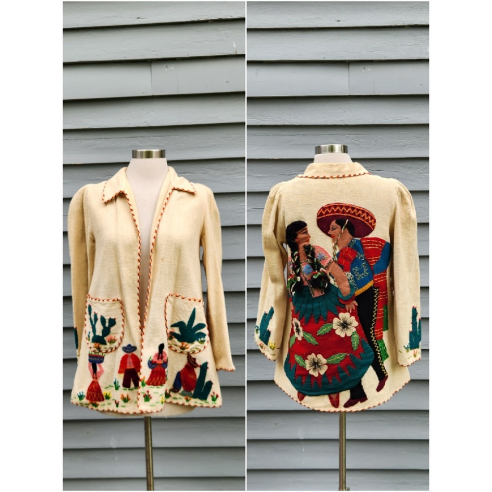 Vintage 50s Mexican Tourist Jacket Cream Embroidered Folk Art Applique Medium - Picture 1 of 8
